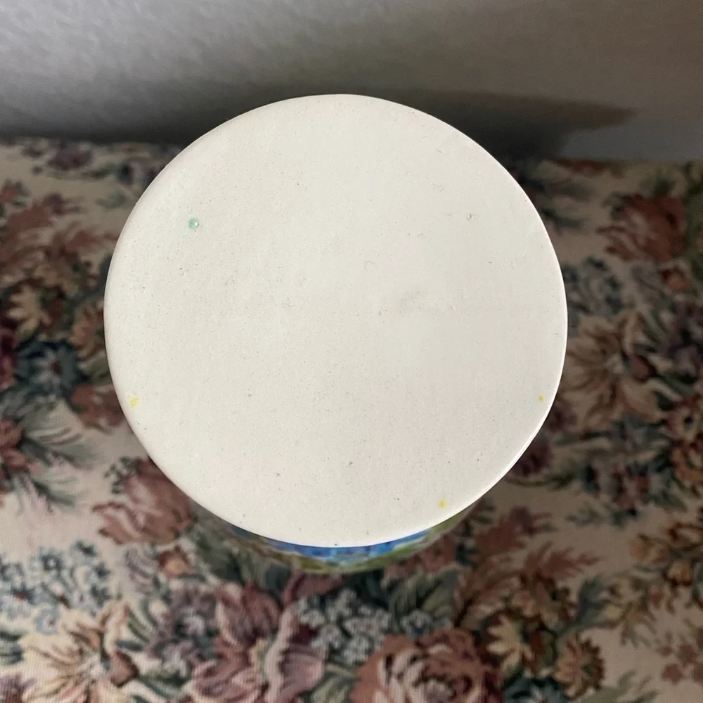 Vintage Hand Painted Floral Blossoms Ceramic Vase with Blue Accents 9.5”H